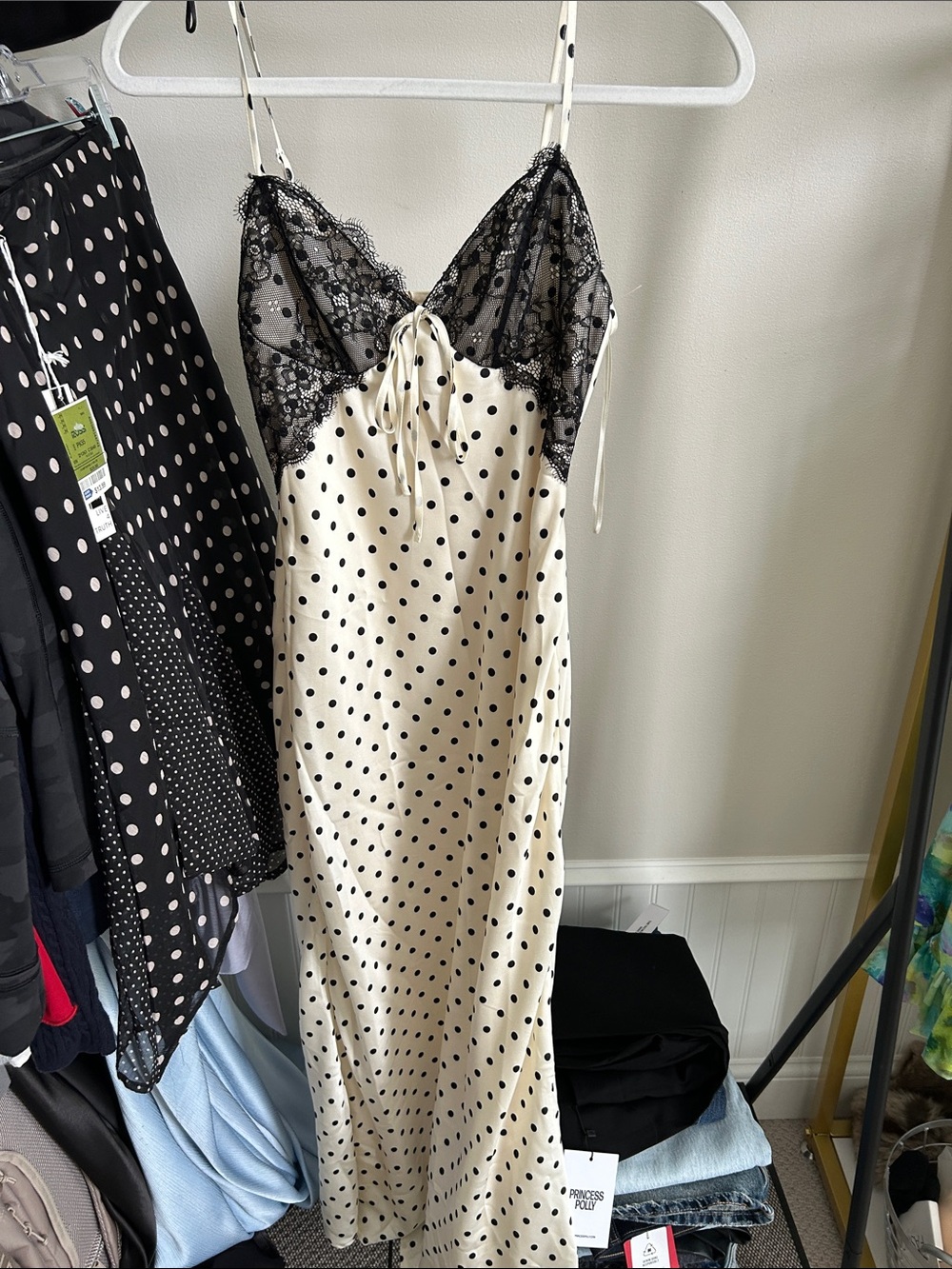 Silky Polka Dot Lace Trim Slip Dress - Black & Cream